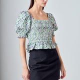 Jacquard Floral Smocked Puff Sleeve Top