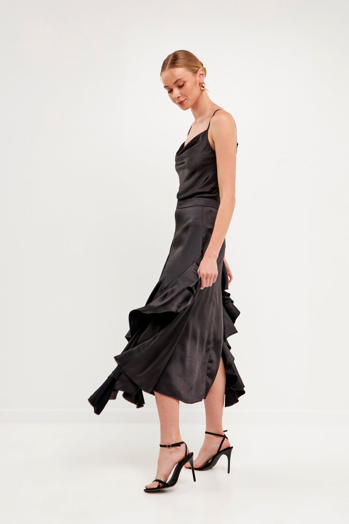 Satin Waterfall Midi Skirt