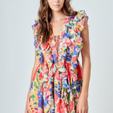 Multi Pop Floral Chiffon Ruffled Mini