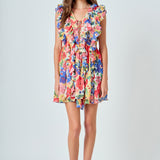 Multi Pop Floral Chiffon Ruffled Mini