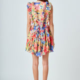 Multi Pop Floral Chiffon Ruffled Mini