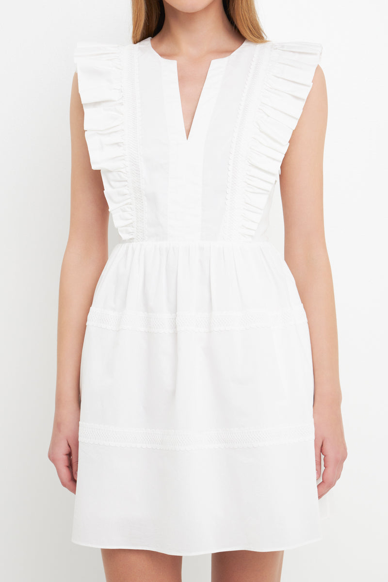 Lace Trimmed V Placketed Ruffled Mini
