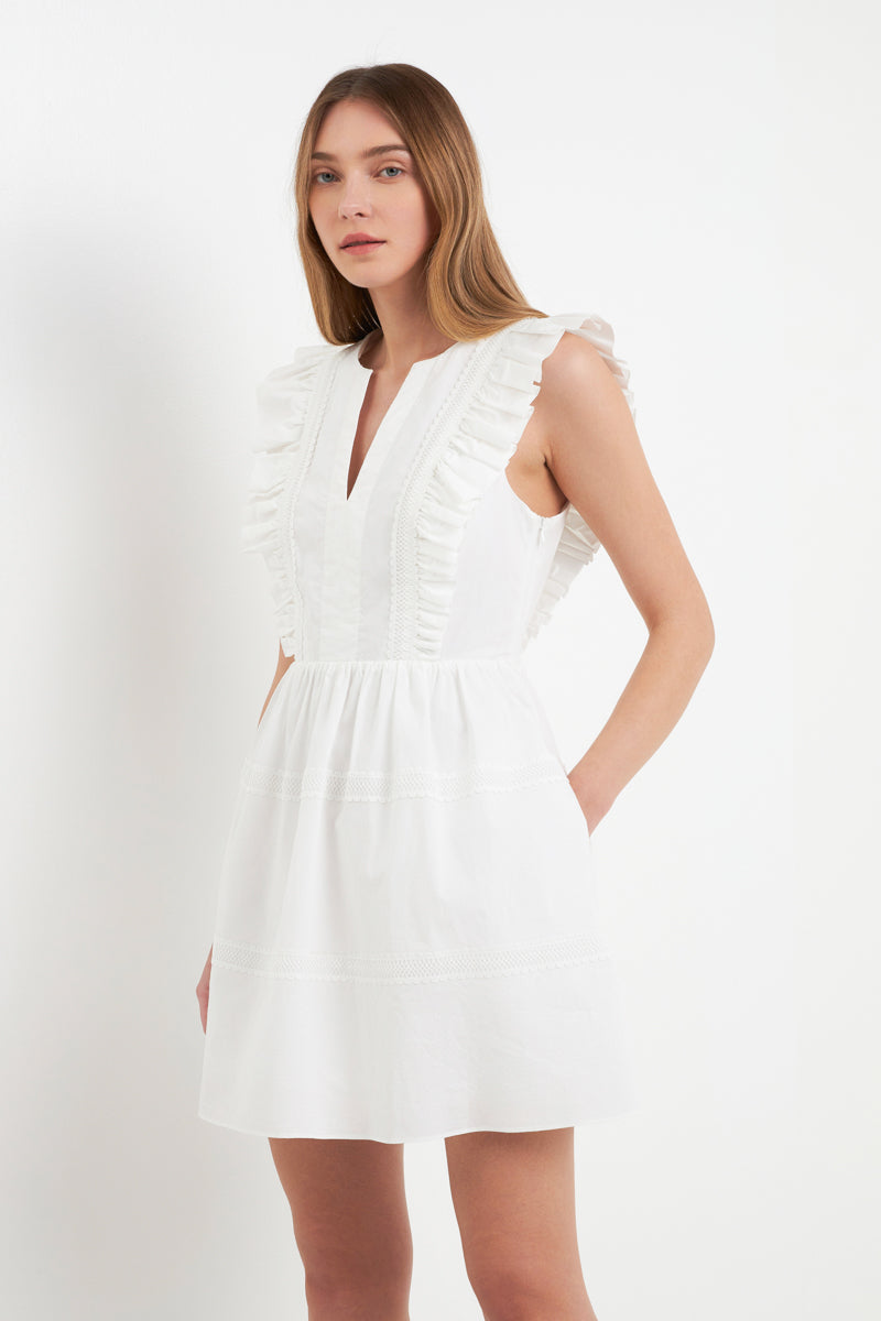 Lace Trimmed V Placketed Ruffled Mini