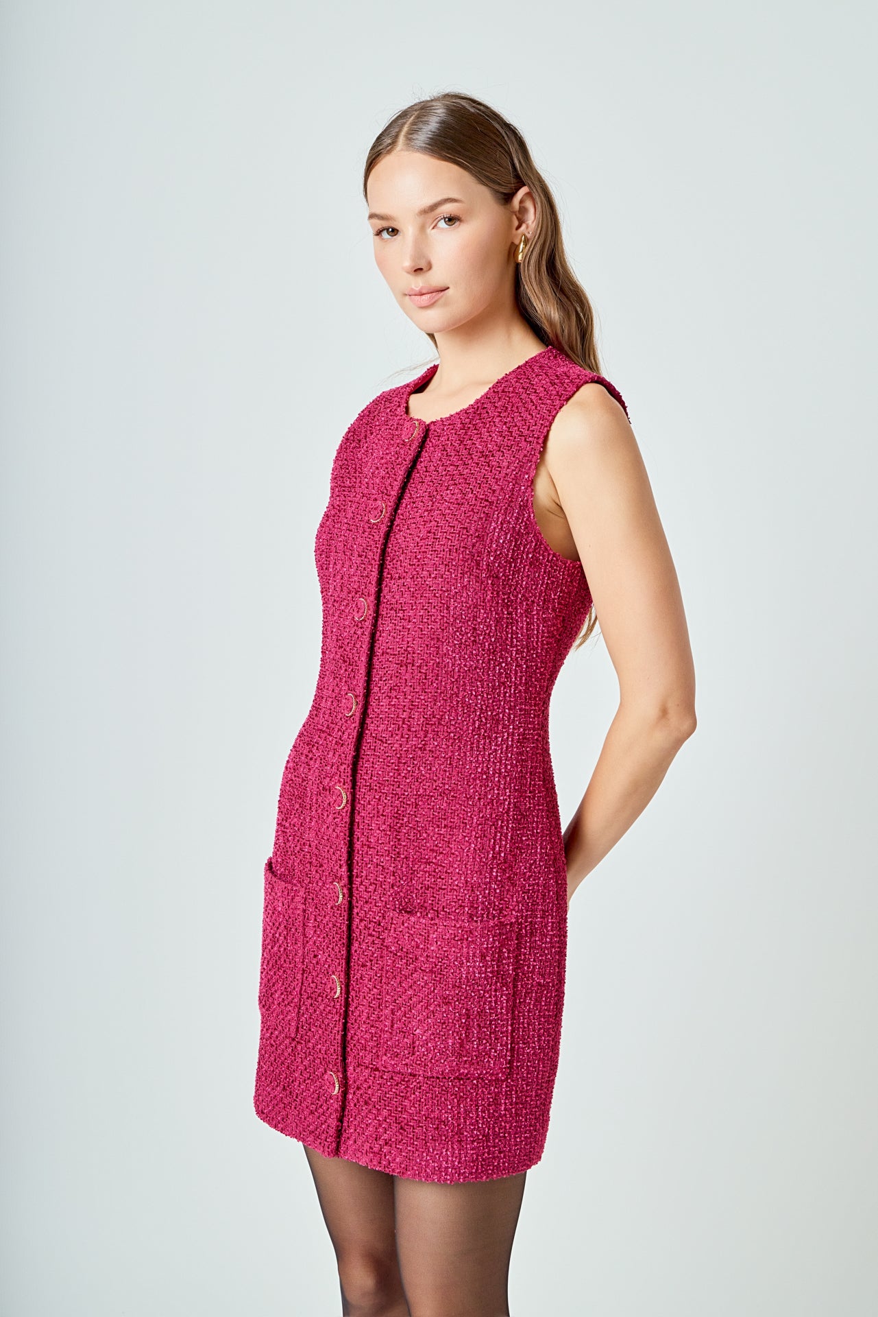 Endless Rose - Sleeveless Tweed Mini Dress Pink / M Endless Rose - Sleeveless Tweed Mini Dress Pink / M