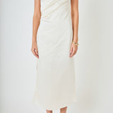 Upper bodice close-up view of a champagne satin wrap midi dress highlighting the draped wrap bust and side ruched seam.