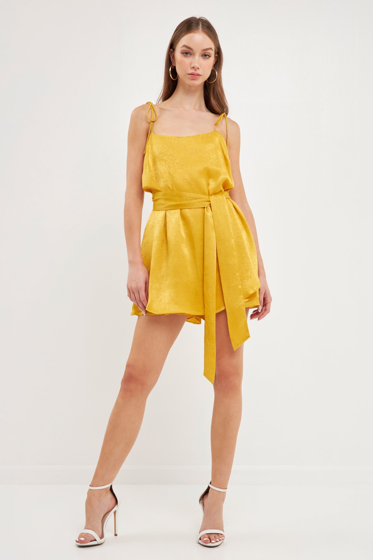 Spaghetti Tie Belted Romper Dress