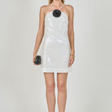 Aimee Sequined Halter Mini Dress with Florette