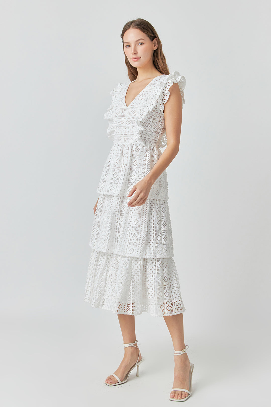 Lace Short Sleeve Tiered Midi Dress main image 0