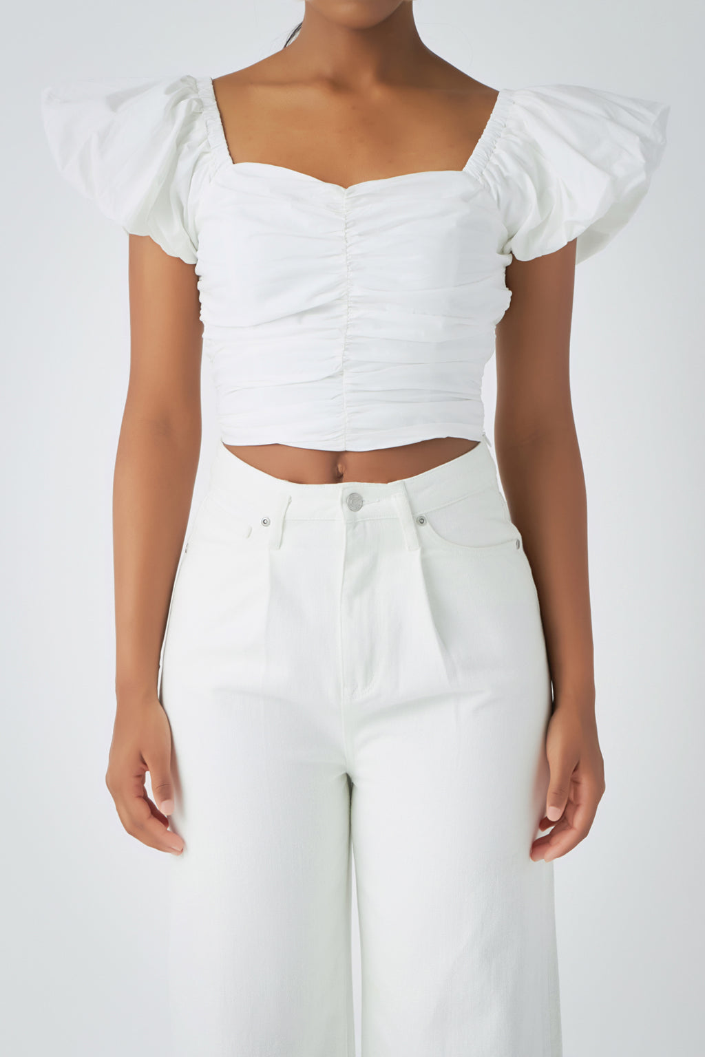 Shirring Detail Puff Sleeve Cropped Top