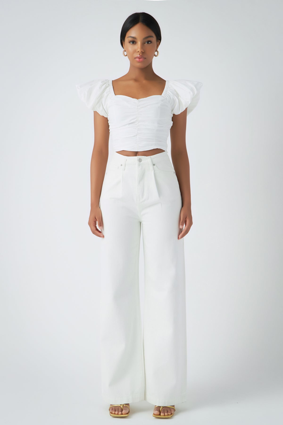 Shirring Detail Puff Sleeve Cropped Top
