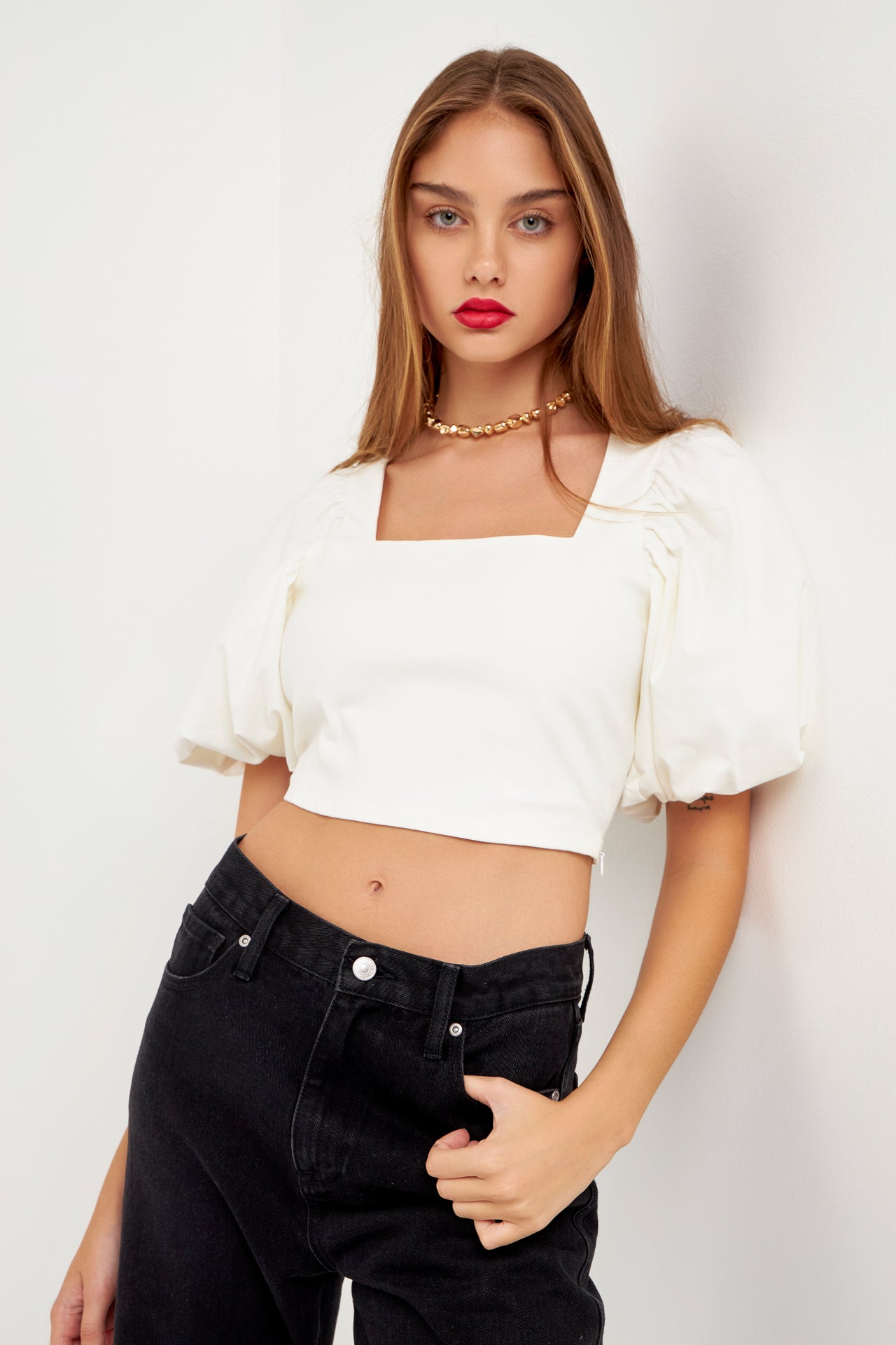 GREY LAB-Square neckline Puff Sleeve Stretch Fabric Top-TOPS available at Objectrare
