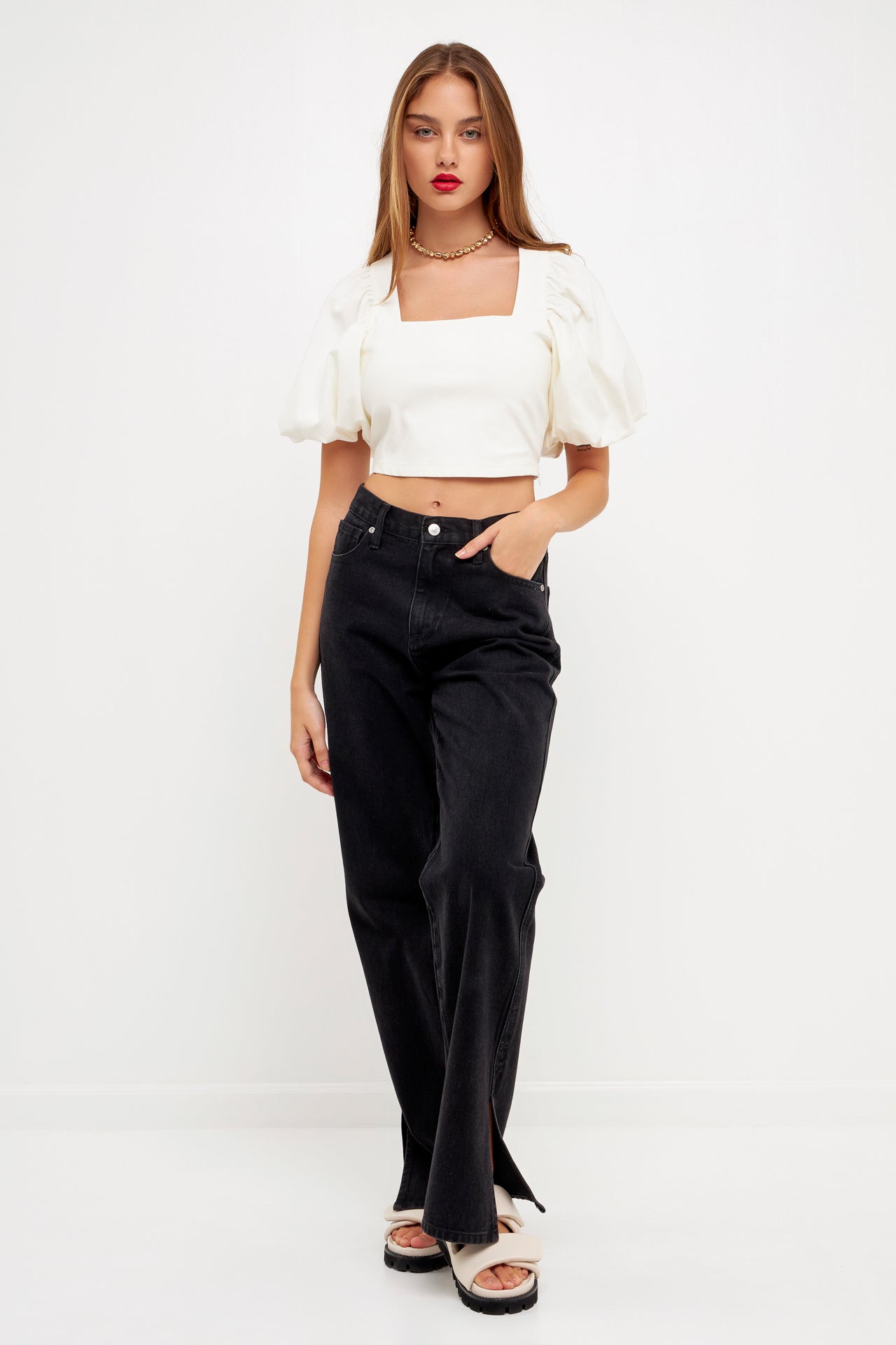 GREY LAB-Square neckline Puff Sleeve Stretch Fabric Top-TOPS available at Objectrare