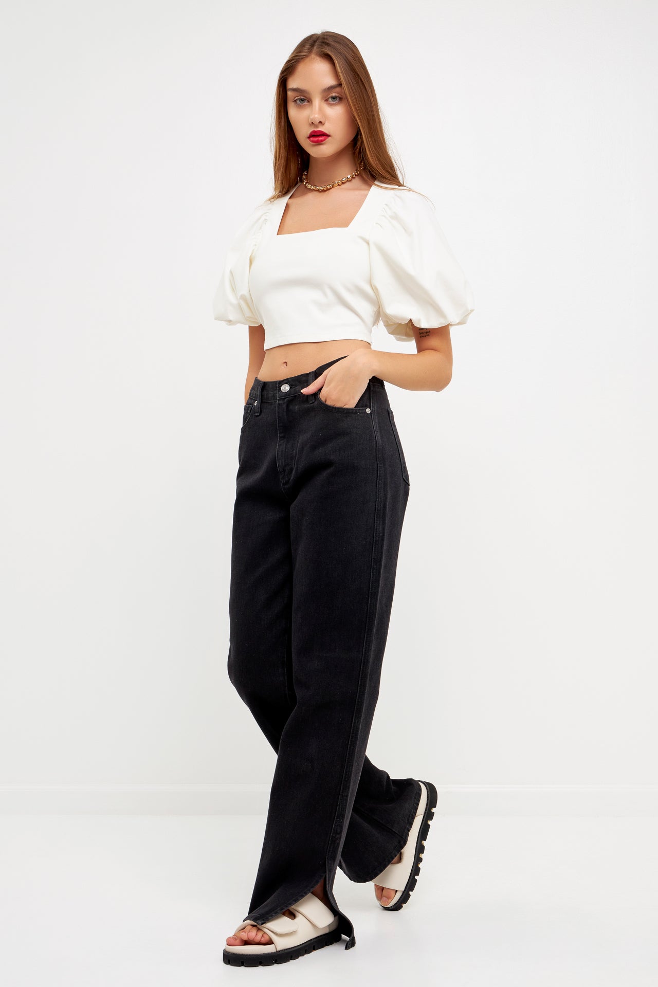 GREY LAB-Square neckline Puff Sleeve Stretch Fabric Top-TOPS available at Objectrare