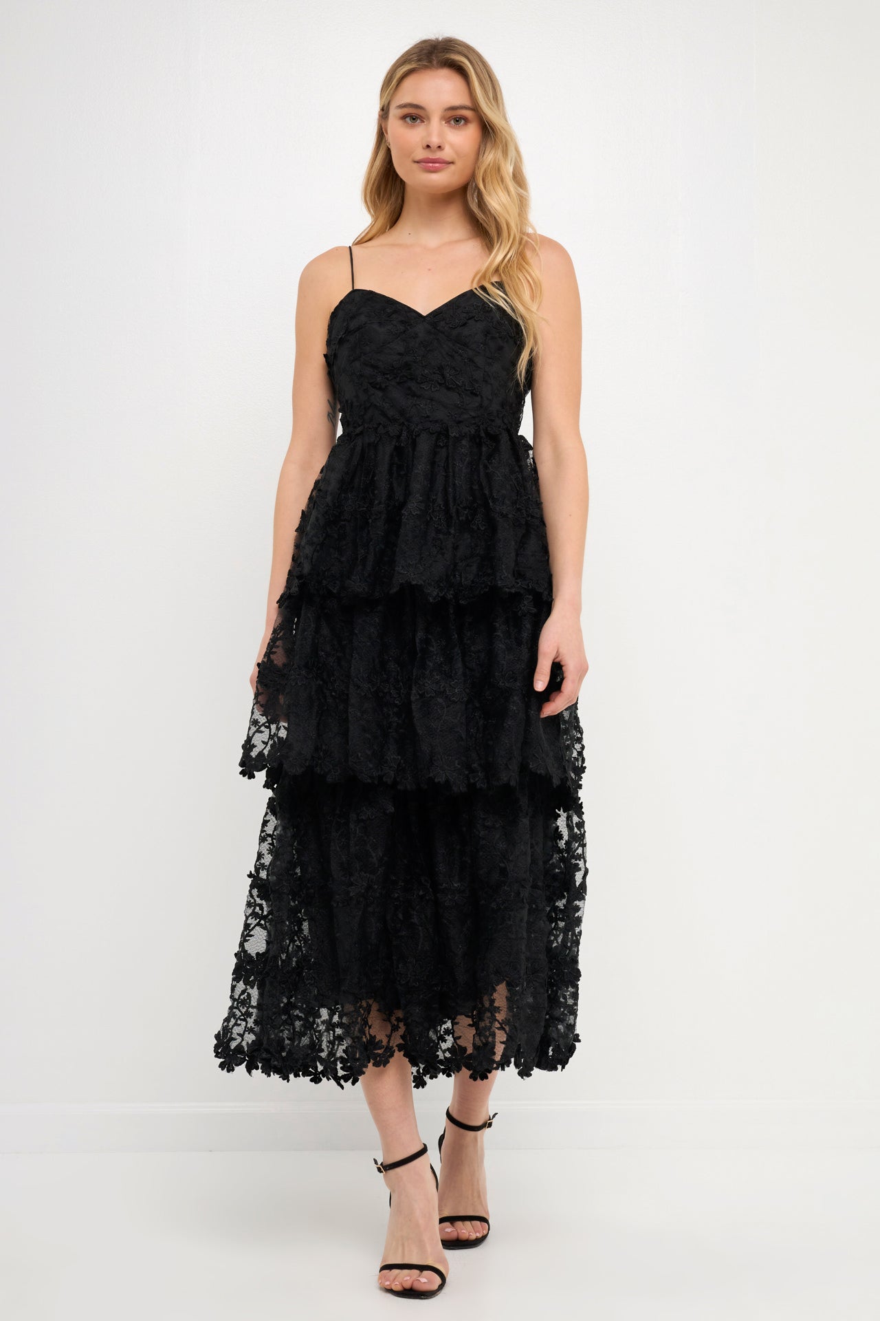 Endless Rose - Floral Tiered Midi Dress Black / S Endless Rose - Floral Tiered Midi Dress Black / S