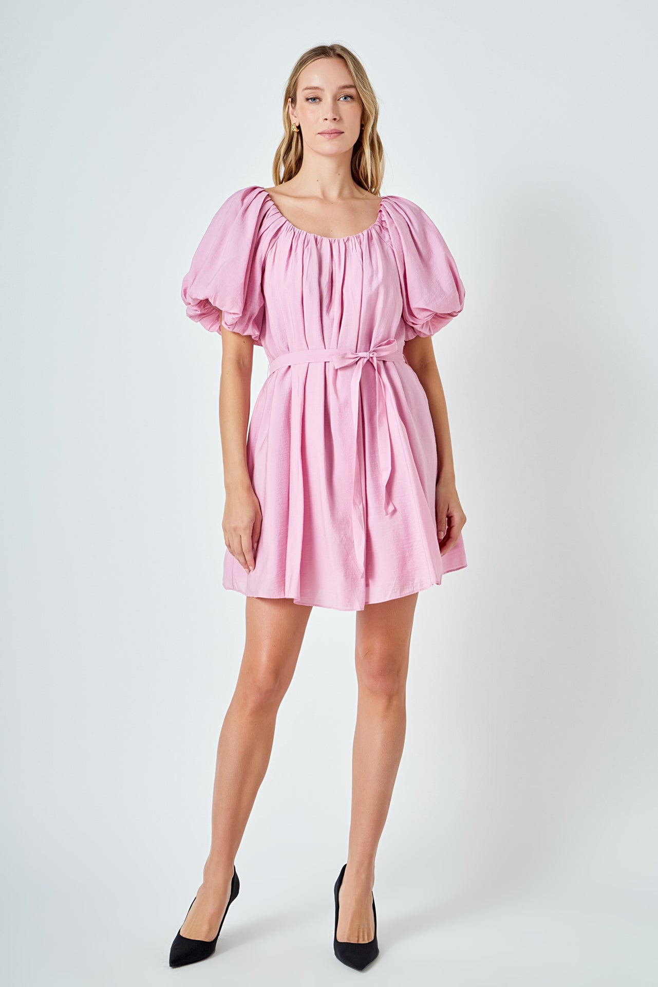 Pleated Detail Puff Sleeve Mini Dress