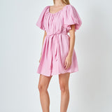 Pleated Detail Puff Sleeve Mini Dress