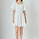 Pleated Detail Puff Sleeve Mini Dress