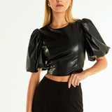 Pu Puff Sleeve Cropped Top