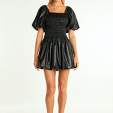 Pu Smocked Balloon Detail Mini Dress