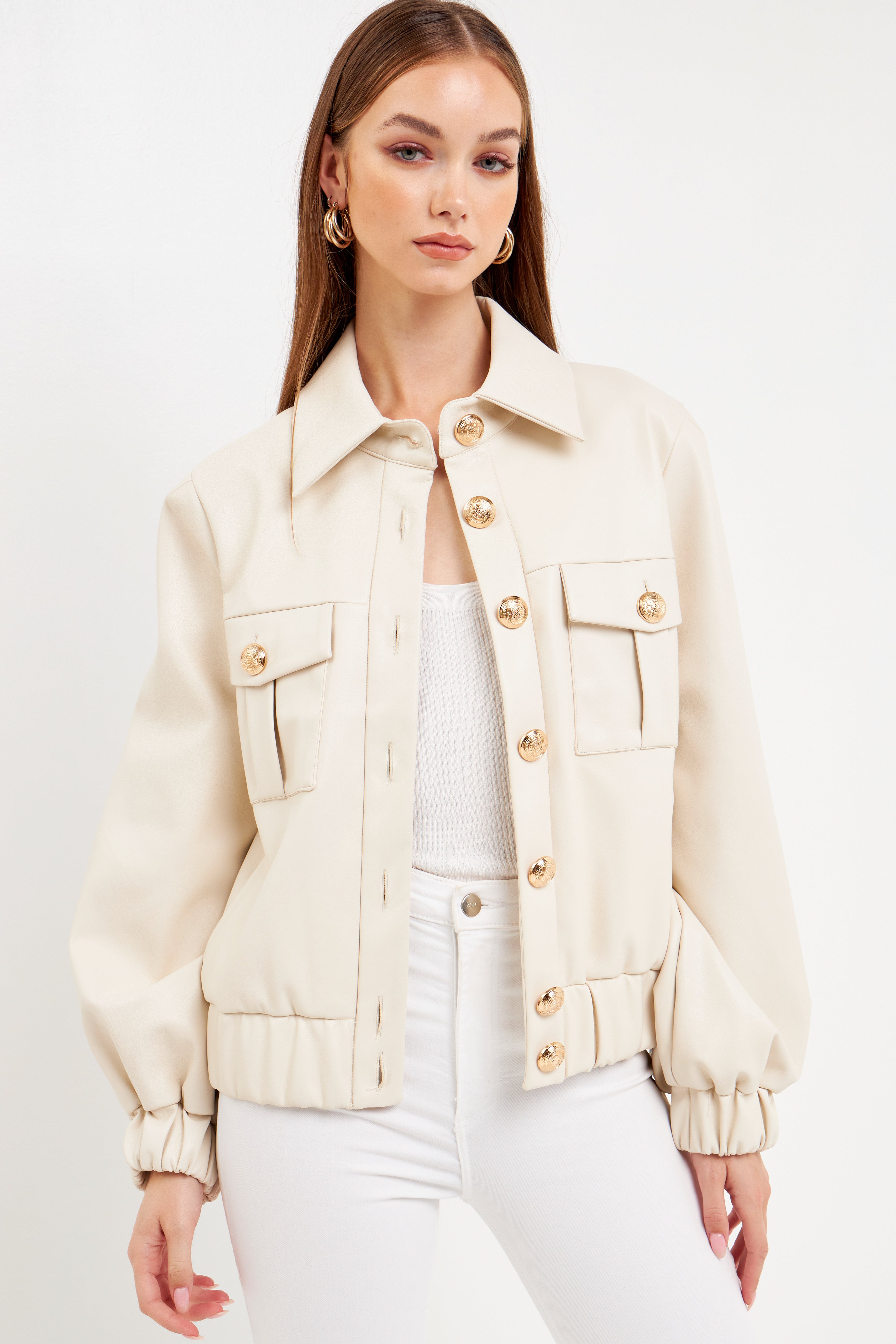 Cream faux leather hot sale jacket womens