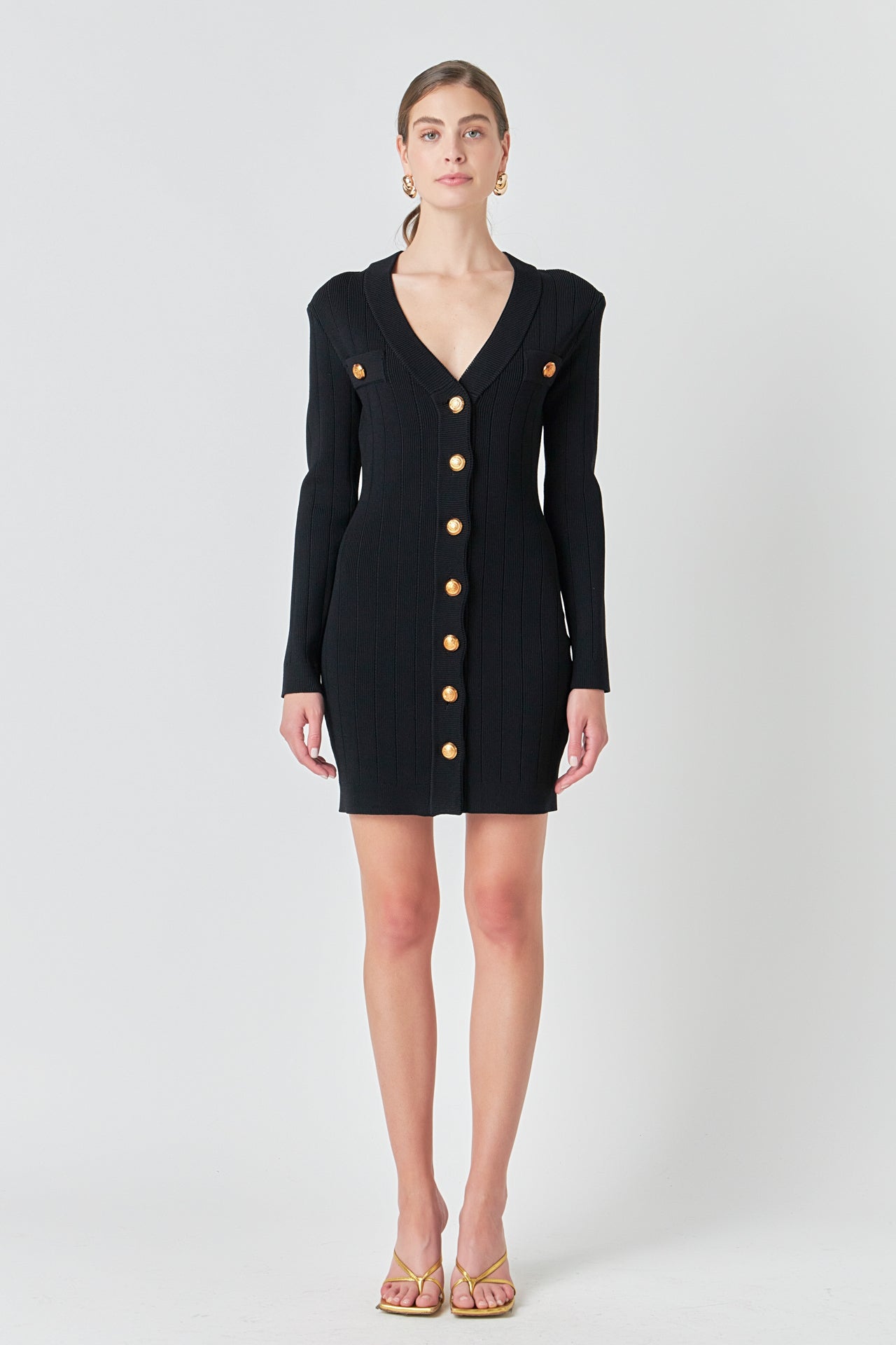Endless Rose - V-neck Long Sleeve Knit Mini Dress Black / S Endless Rose - V-neck Long Sleeve Knit Mini Dress Black / S