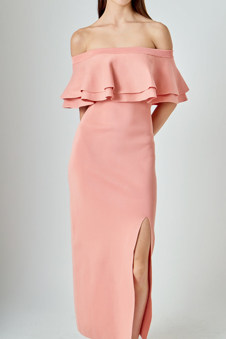 Stun and Only Rusty Rose Ruffled Off-the-Shoulder Maxi Dress