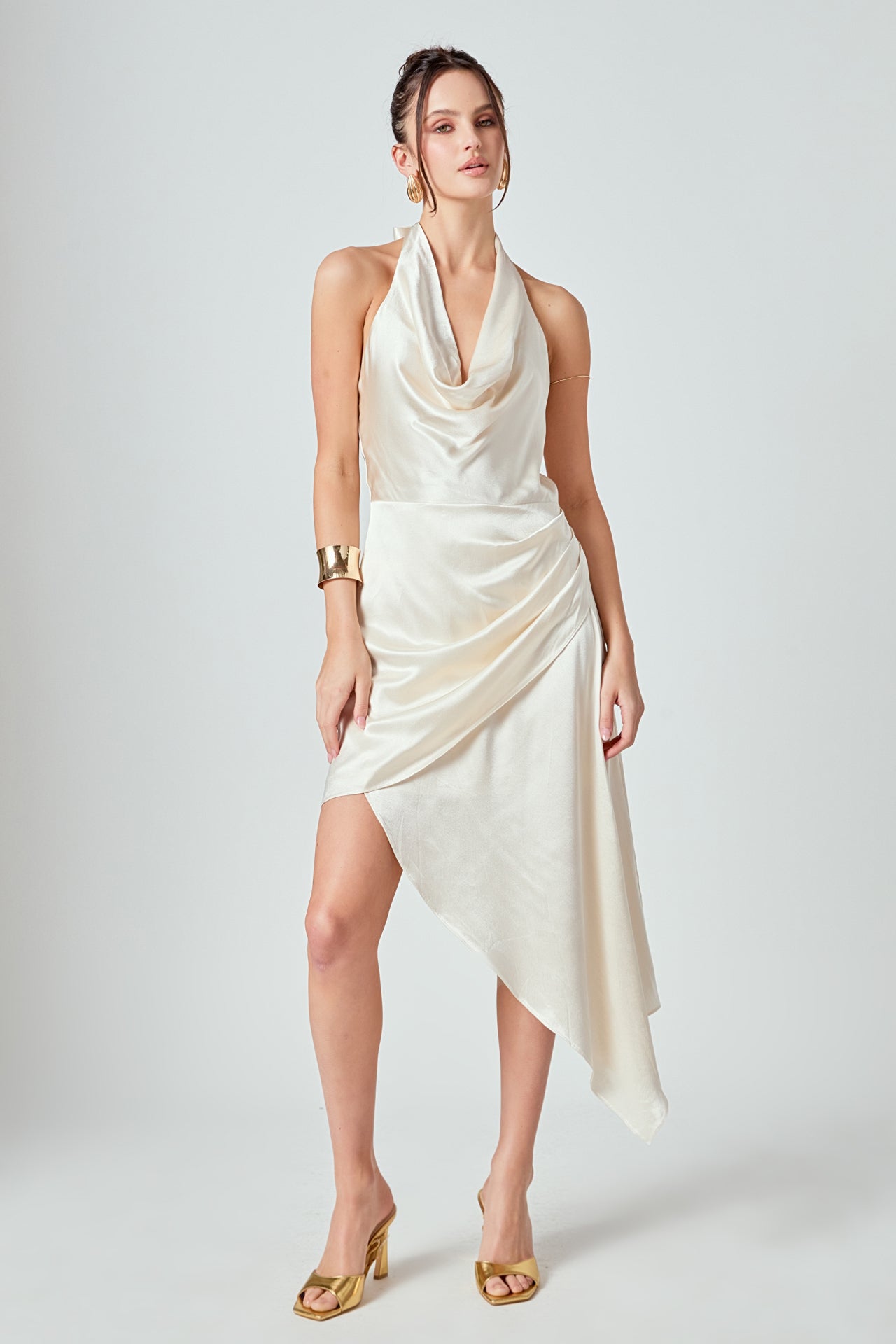 Halter Neck Asymmetric Satin Dress