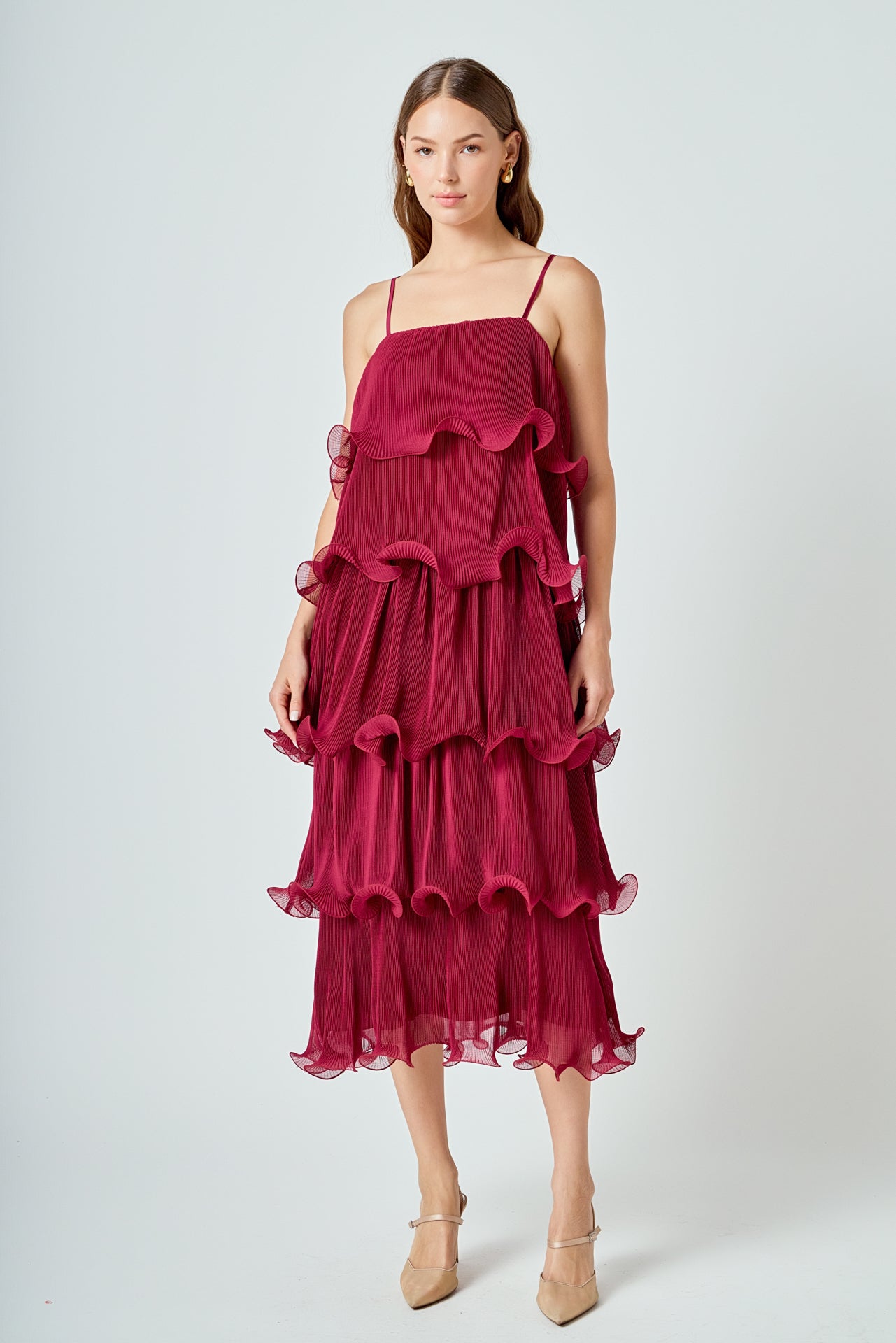 Endless Rose Women's Pleated Tiered Long Dress, Burgundy, Small