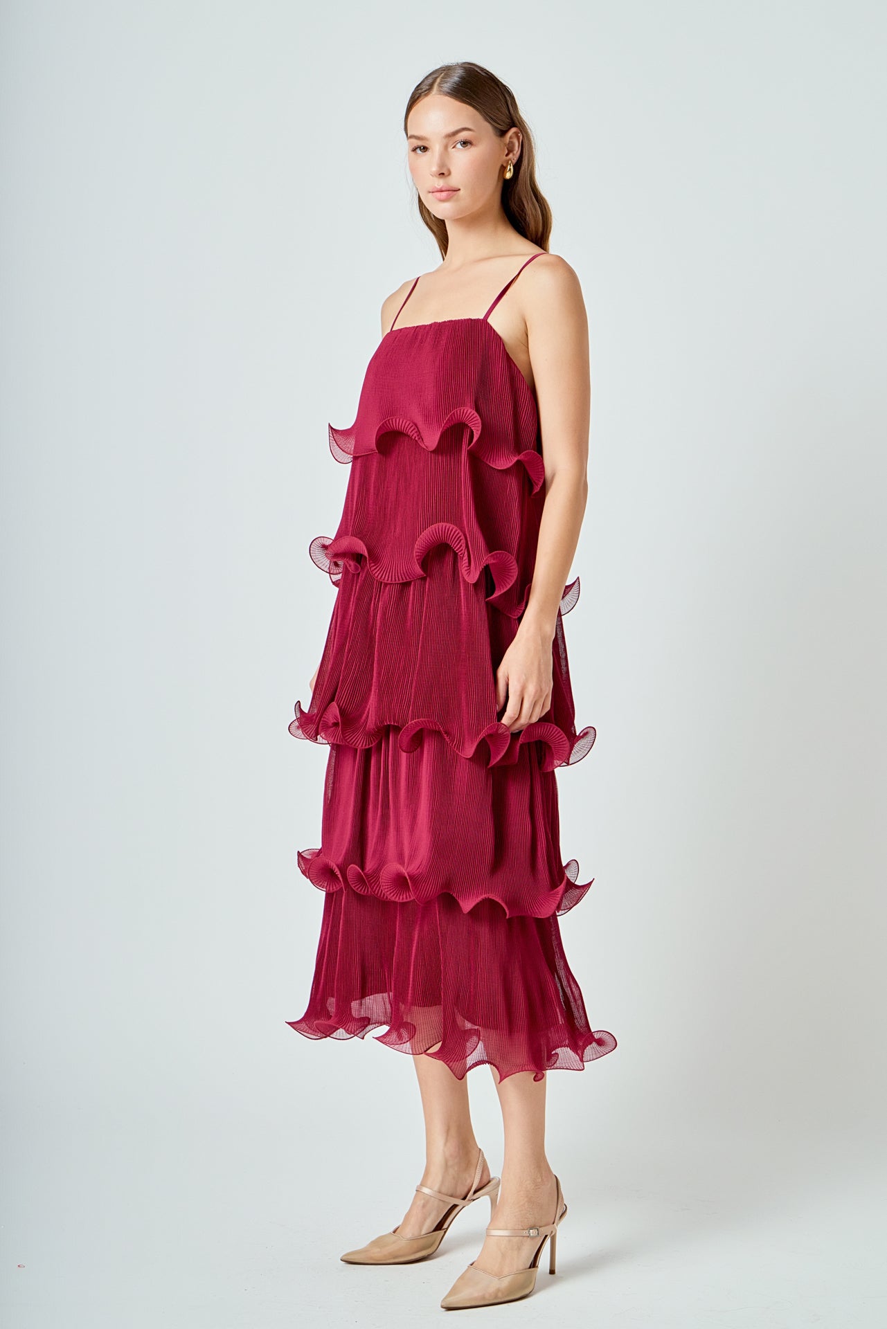 Endless Rose Women's Pleated Tiered Long Dress, Burgundy, Small