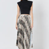 Snakeskin Pleated Midi Skirt