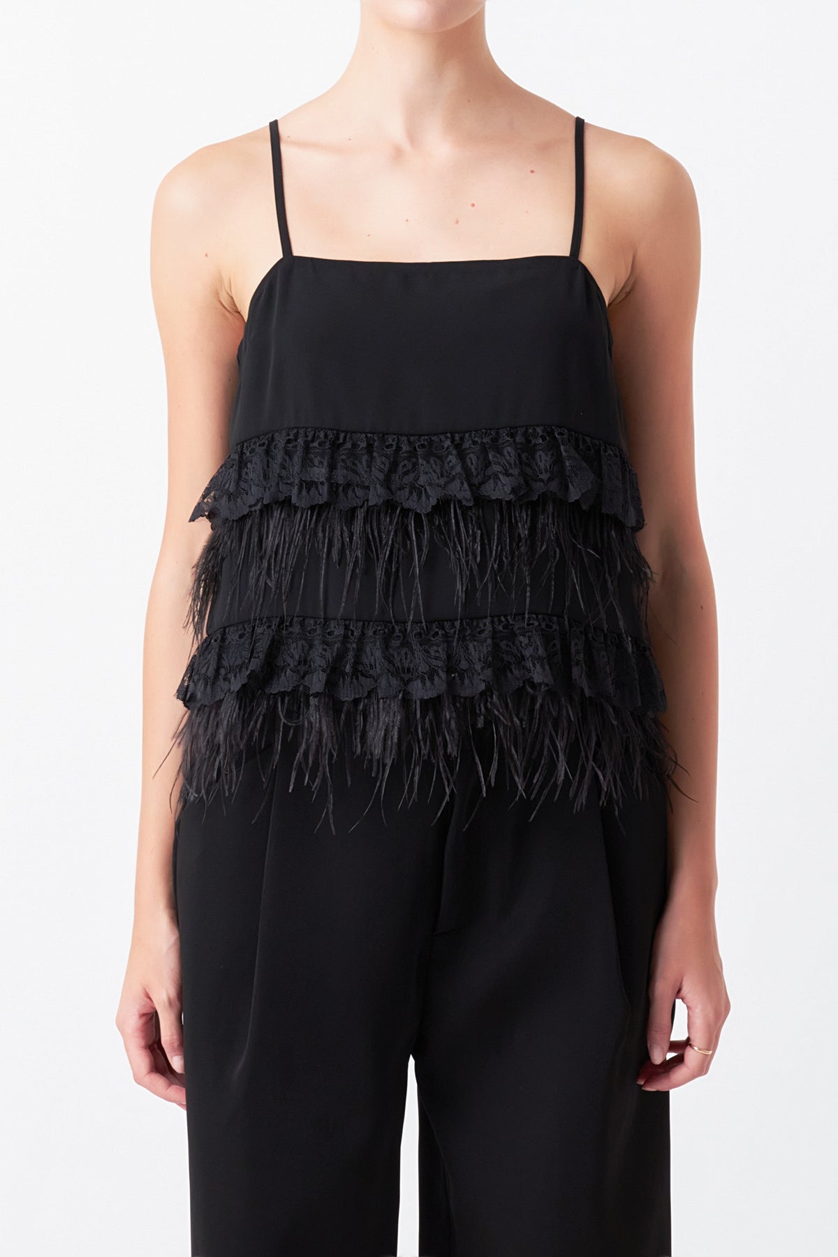Lace & Feather Trim Tank Top