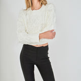 Face-forward posed view of a cream long-sleeve cable-knit cropped sweater featuring wispy feather accents woven throughout the cables.
