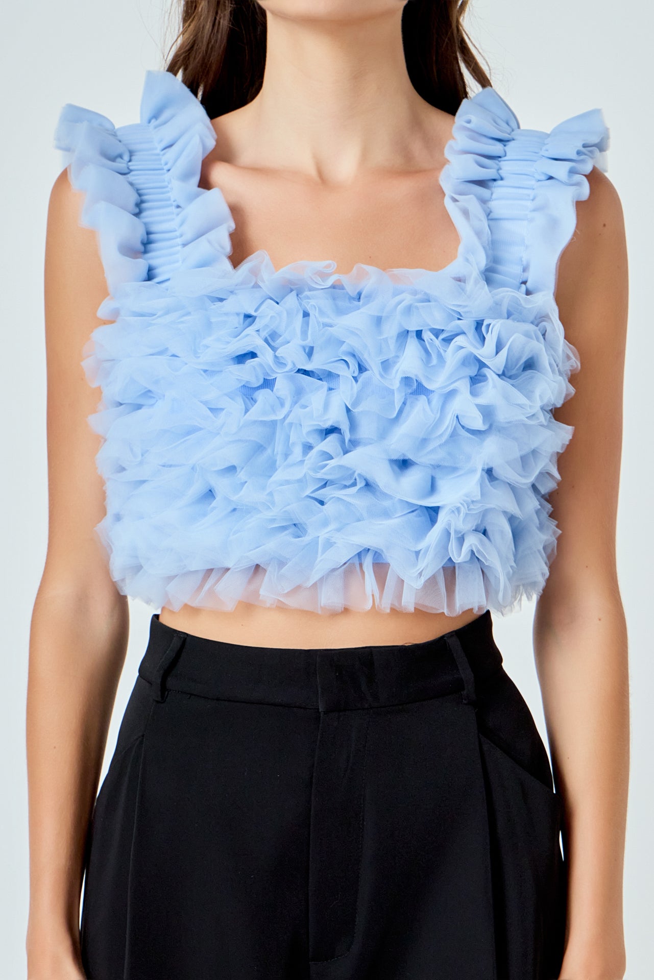 Ruffled Shoulder Strap Tulle Top – Endless Rose