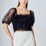 Ruffled Puff Sleeve Tulle Top