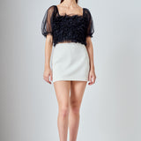 Ruffled Puff Sleeve Tulle Top