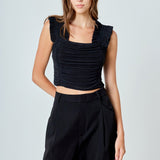Ruffled Pleated Mesh Tank Top