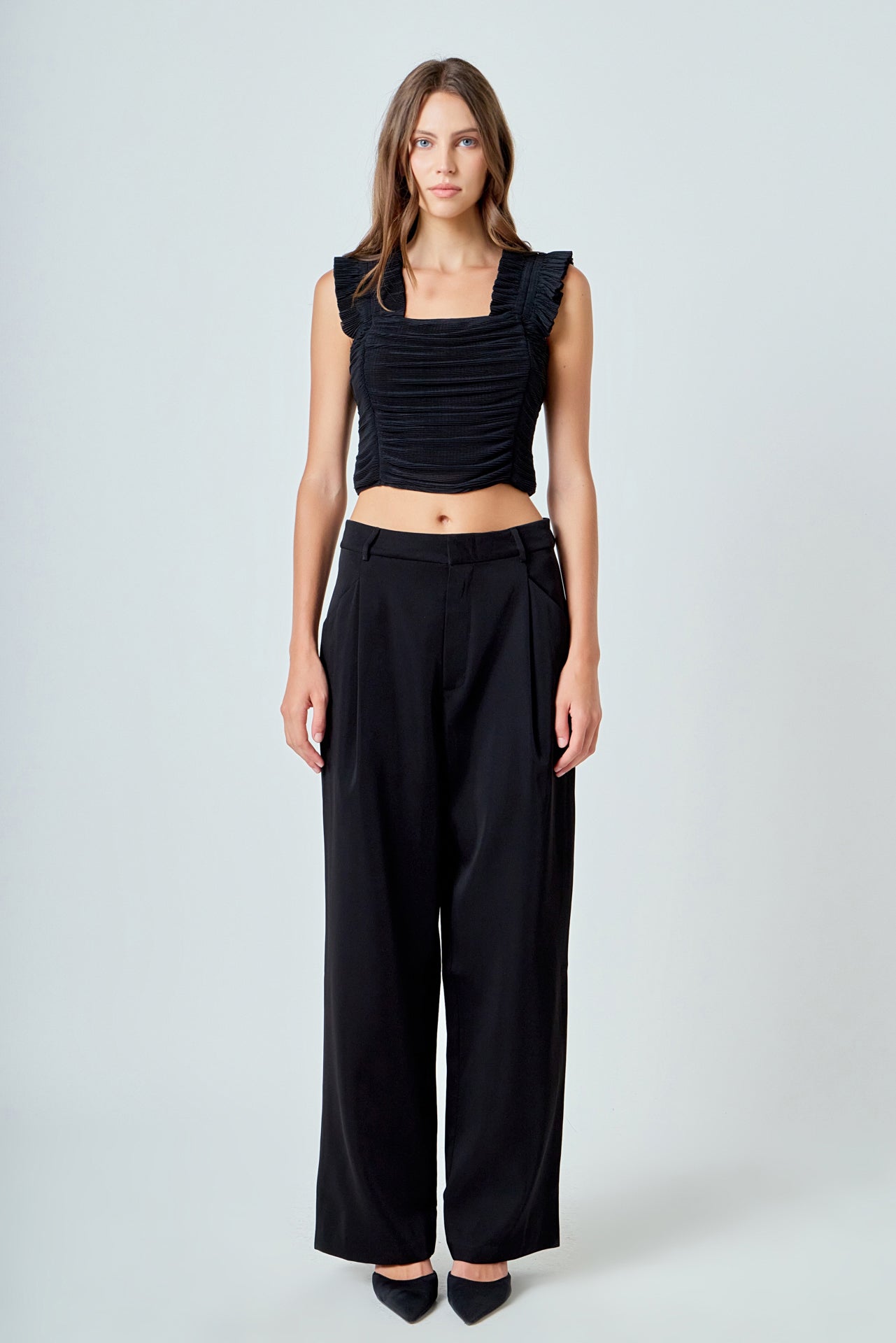 Ruffled Pleated Mesh Tank Top