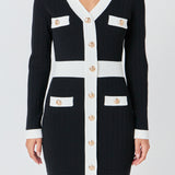 Contrast detail V-neck Knit Mini Dress