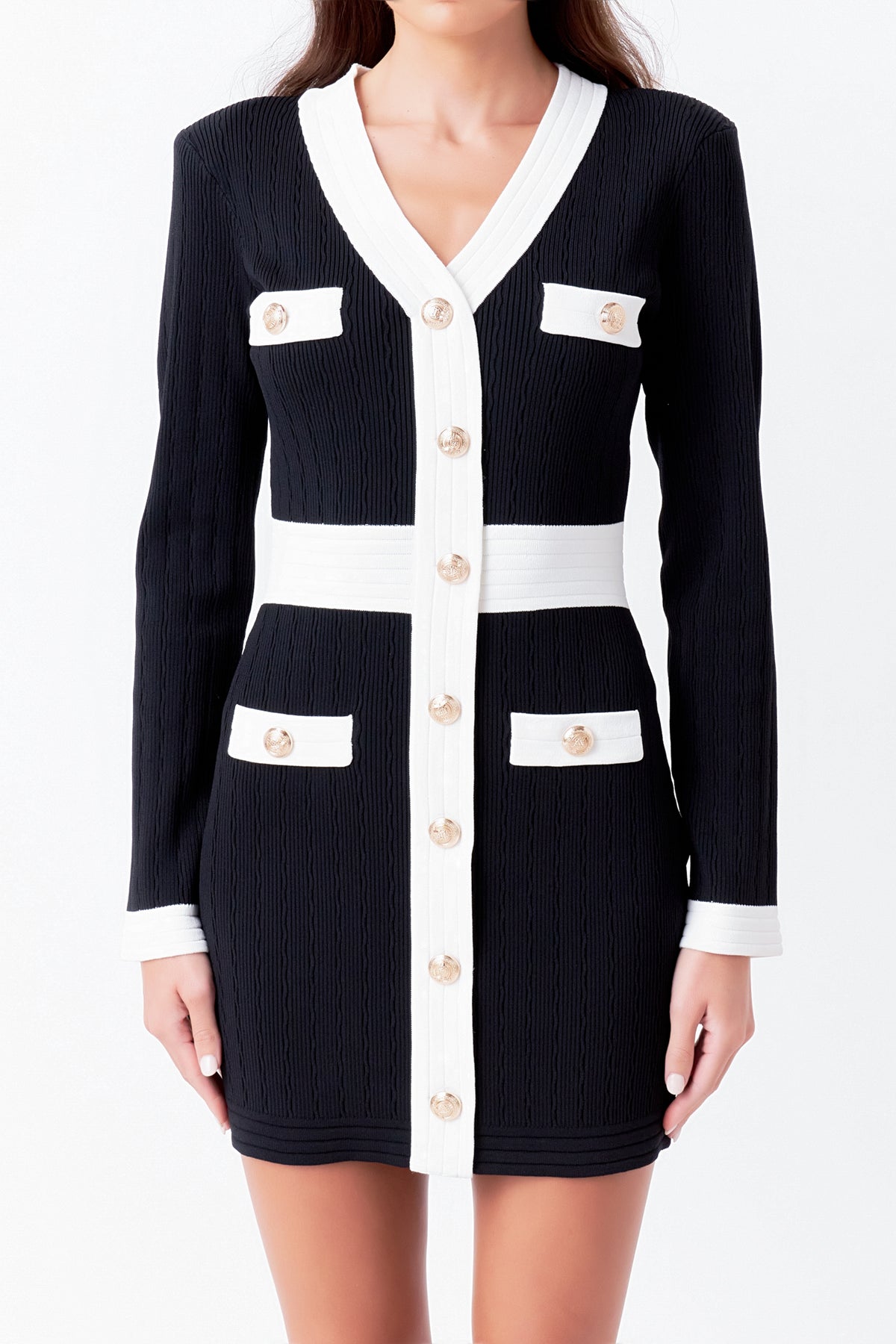 Contrast detail V-neck Knit Mini Dress