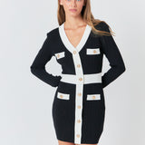 Contrast detail V-neck Knit Mini Dress