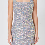 Slit Detail Tweed Mini Dress
