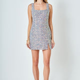 Slit Detail Tweed Mini Dress