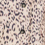 Beige multi leopard print woven oversized blazer featuring notched lapels, long sleeves with shoulder pads, front flap pockets, and a single-breasted button closure.