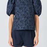 Floral Jacquard Puff Sleeve Top