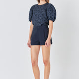 Floral Jacquard Puff Sleeve Top