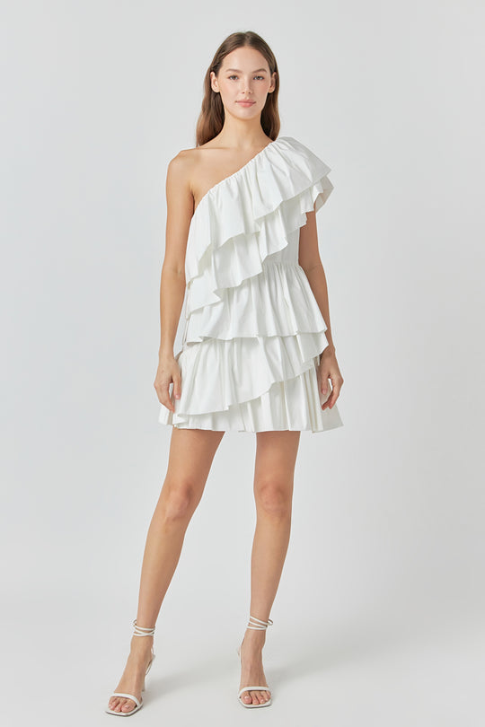 Over The Rainbow One-Shoulder Ruffle Trimmed Mini Dress White