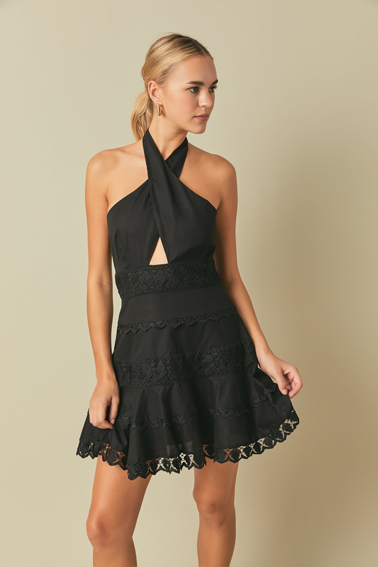 Endless Rose - Halter Neck Lace Trim Dress Pink / L Endless Rose - Halter Neck Lace Trim Dress Pink / L