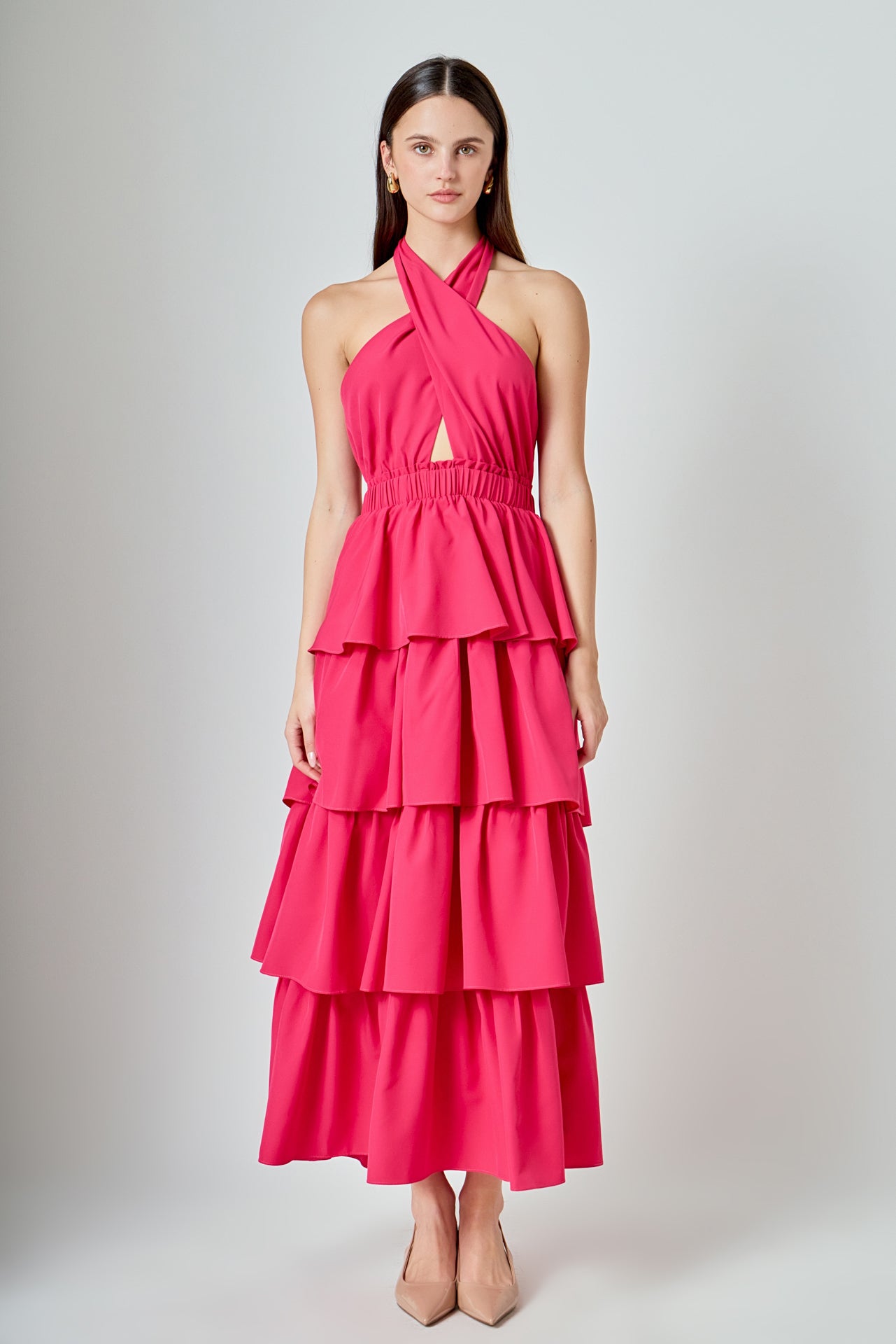 Endless Rose - Crossed Halter Neck Tiered Maxi Dress FUCHSIA / S Endless Rose - Crossed Halter Neck Tiered Maxi Dress FUCHSIA / S