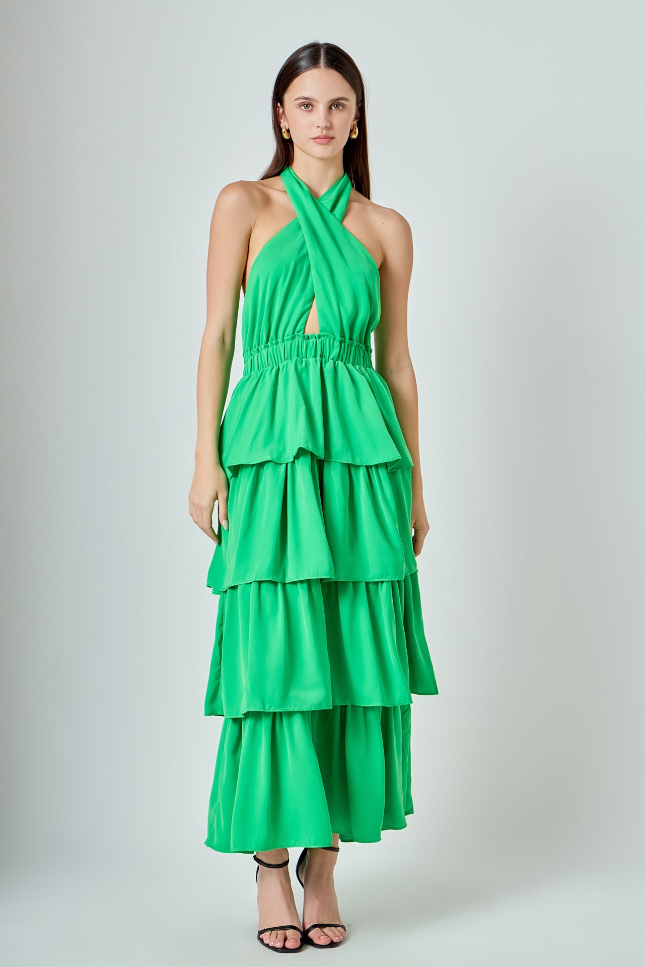 Endless Rose Crossed Halter Neck Tiered Maxi Dress - Kelly Green - M Endless Rose Crossed Halter Neck Tiered Maxi Dress - Kelly Green - M