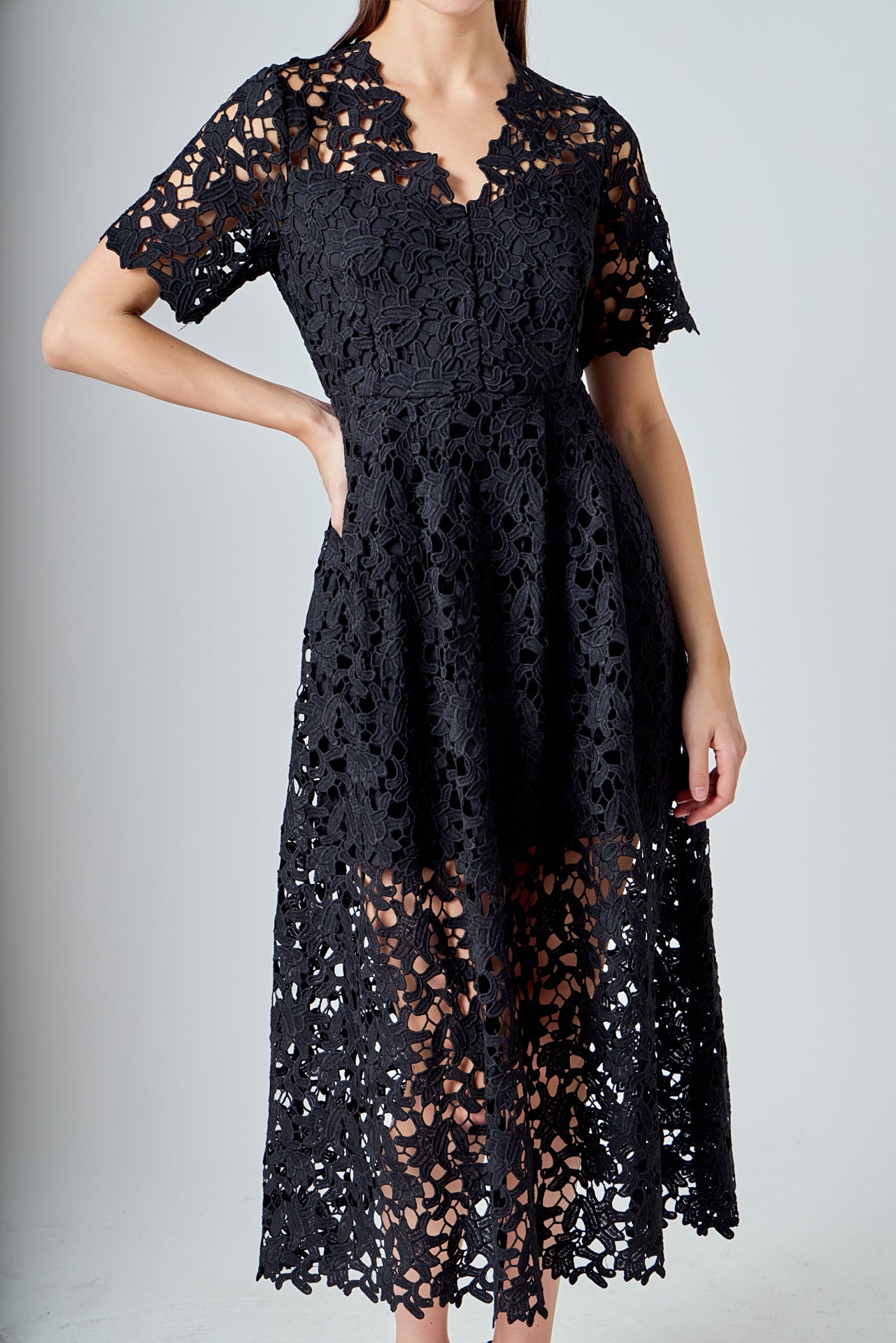 Endless Rose - All Over Lace Short Sleeves Midi Dress White / XS Endless Rose - All Over Lace Short Sleeves Midi Dress White / XS